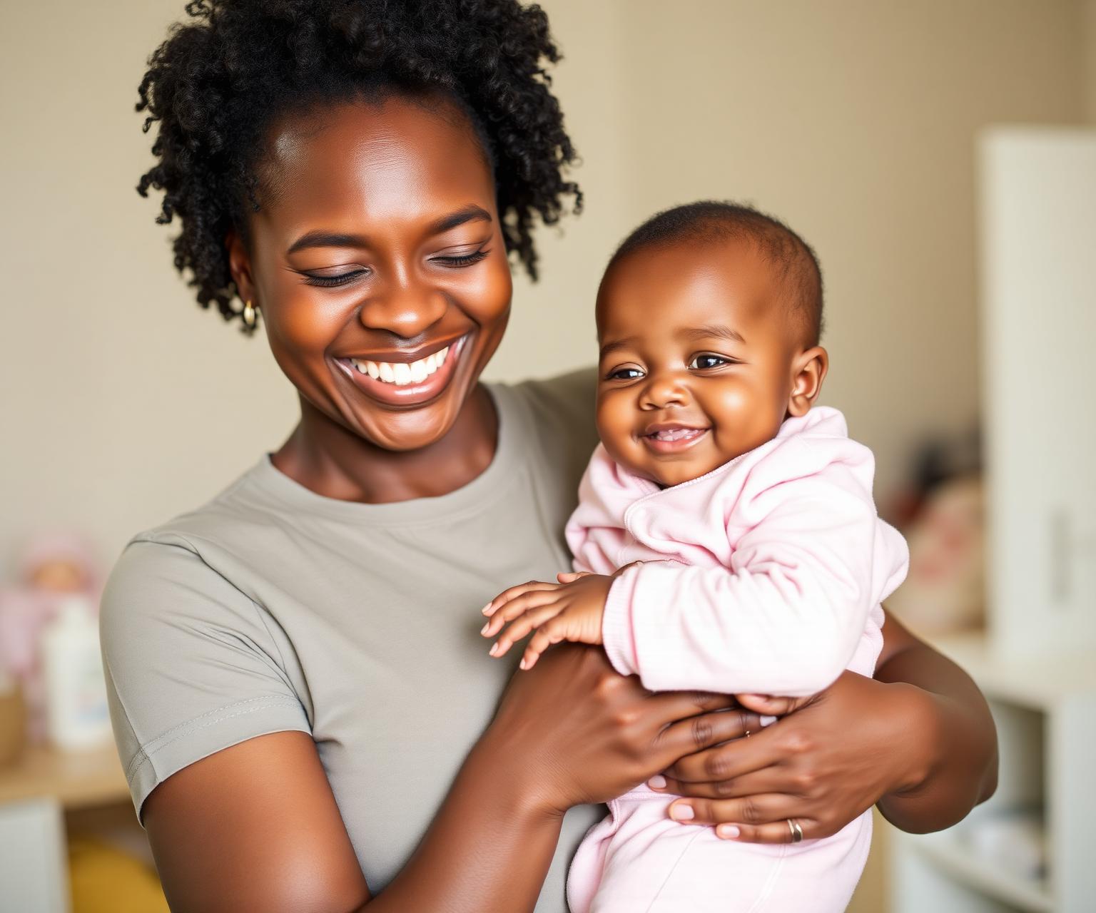 Smiling Kenyan mother holding her happy baby